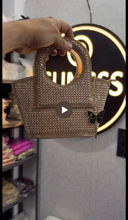 Slingss Luxury Range Exclusive Diamond Studded Partywear Basket Shaped handbag For Ladies With Long Chain