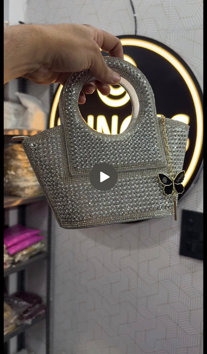 Slingss Luxury Range Exclusive Diamond Studded Partywear Basket Shaped handbag For Ladies With Long Chain