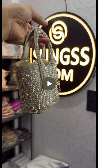 Slingss Luxury Range Exclusive Diamond Studded Partywear Basket Shaped handbag For Ladies With Long Chain