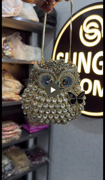 Slingss Super Luxury Owl Shape Exclusive Crystal Partywear Handbag For Ladies With Chain