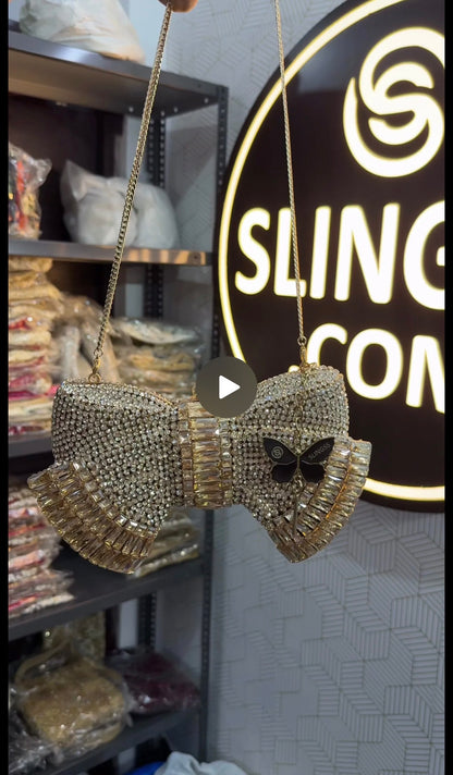 Slingss Super Luxury Butterfly Shape Exclusive Crystal Partywear Handbag For Ladies With Chain