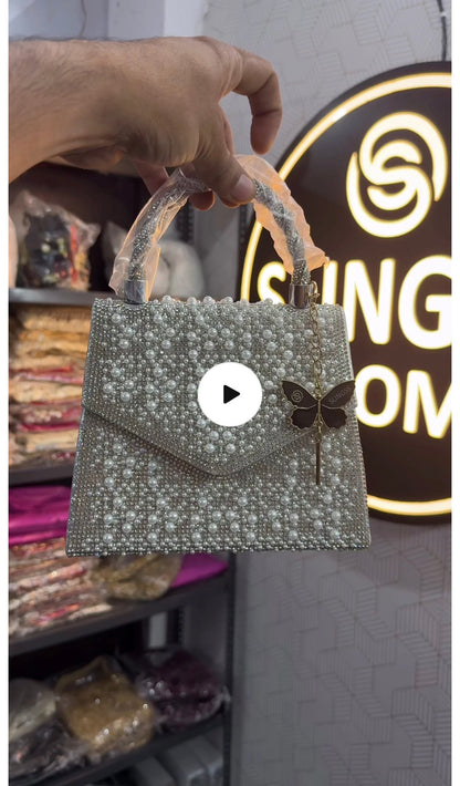 Slingss Luxury Range Exclusive Pearls Embroidered Partywear Handbag For Ladies With Handle & Long Chain