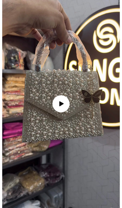 Slingss Luxury Range Exclusive Pearls Embroidered Partywear Handbag For Ladies With Handle & Long Chain