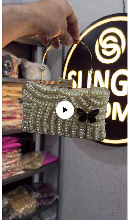 Slingss Exclusive Premium Partywear Pearl Embroidered Clutch For Ladies With Handle & Long Chain