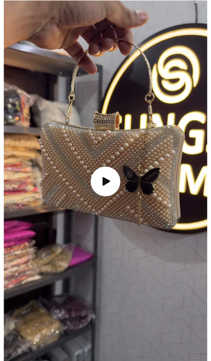 Slingss Exclusive Premium Partywear Pearl Embroidered Clutch For Ladies With Handle & Long Chain