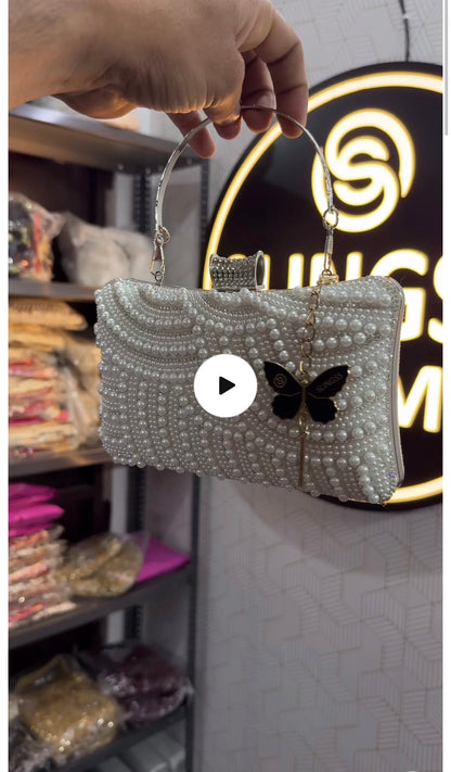 Slingss Exclusive Premium Partywear Pearl Embroidered Clutch For Ladies With Handle & Long Chain