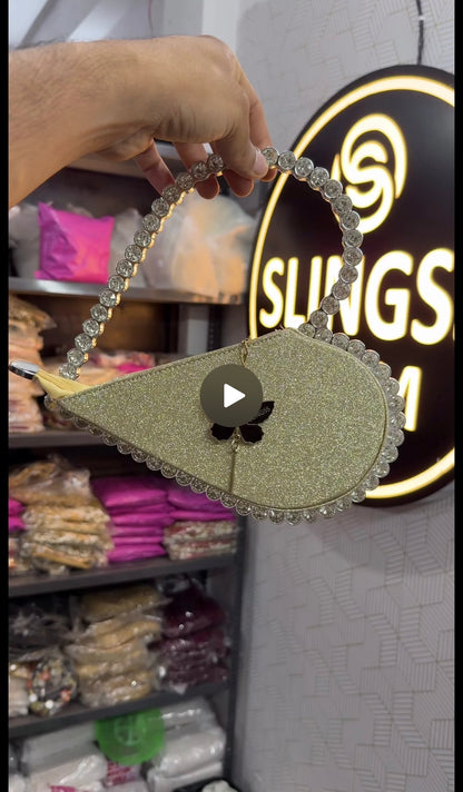 Slingss Exclusive Premium Heart Shape Partywear Glitter Embroidered Handbag For Ladies