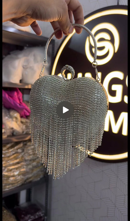 Slingss Exclusive Premium Heart Shape Design Partywear Embroidered Clutch For Ladies With Handle & Long Chain
