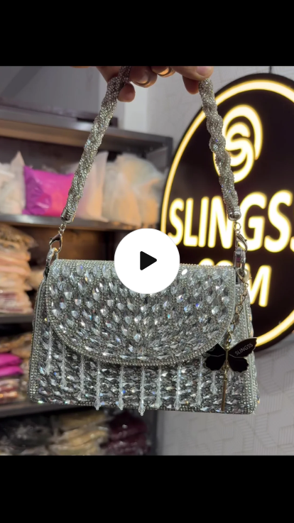 Slingss Luxury Range Exclusive Diamond Embroidered Partywear Handbag For Ladies With Handle & Long Chain