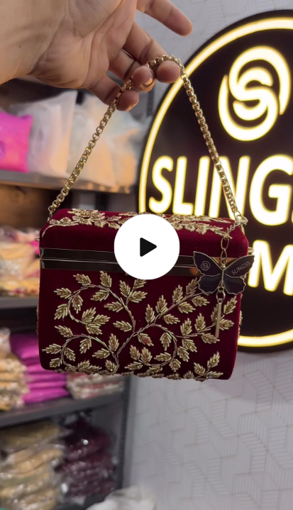 Slingss Luxury Range Boxy Embroidered Partywear Handbag For Ladies With Chain Handle And Belt