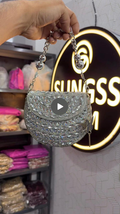 Slingss Luxury Range Small Size Diamond Embroidered Partywear Handbag For Ladies With Handle & Long Chain