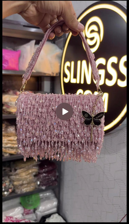 Slingss Luxury Range Crystal Full Jhallar Embroidered Partywear Purse For Ladies With Handle