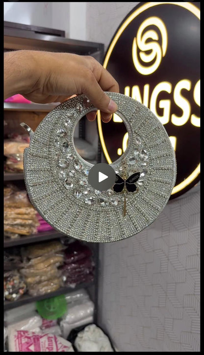 Slingss Luxury Range Full Moon Diamond Embroidered Partywear Handbag For Ladies With Handle & Long Chain