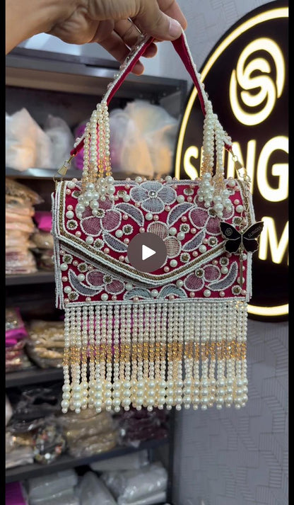Slingss Luxury Range Hanging Beads Embroidered Partywear Handbag For Ladies With Handle
