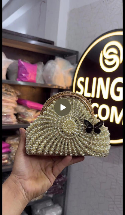 Slingss Luxury Range Snail Shape Pearl Partywear Handbag For Ladies With Long Chain