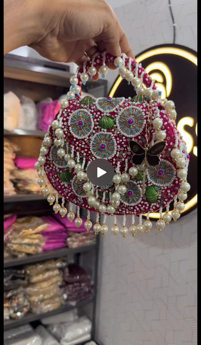 Slingss Luxury Range Hanging Beads Embroidered Partywear Handbag For Ladies With Handle & Chain