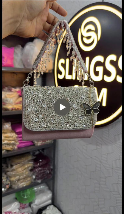 Slingss Luxury Range Diamond Embroidered Partywear Handbag For Ladies With Handle