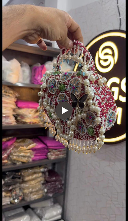 Slingss Luxury Range Hanging Beads Embroidered Partywear Handbag For Ladies With Handle & Chain