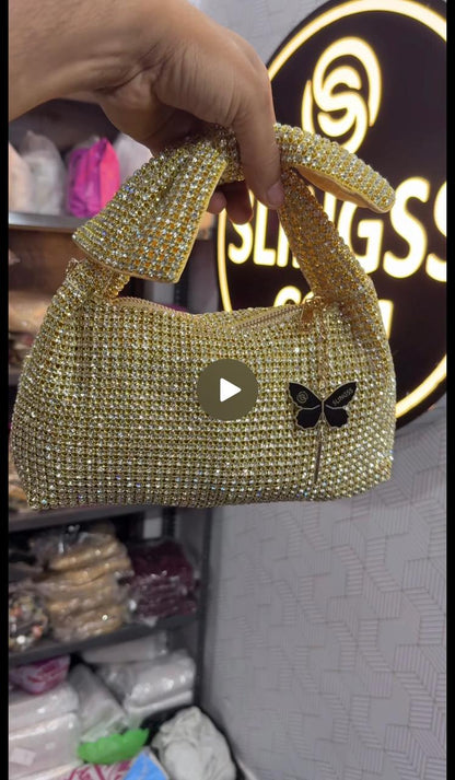 Slingss Luxury Range Exclusive Diamond Studded Partywear Bow Shaped Handle Bag For Ladies With Long Chain