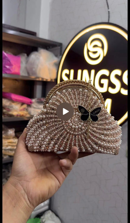 Slingss Luxury Range Snail Shape Pearl Partywear Handbag For Ladies With Long Chain