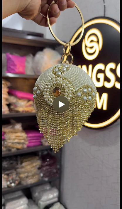 Slingss Exclusive Premium Ball Shaped Partywear Embroidered Clutch For Ladies With Handle & Long Chain