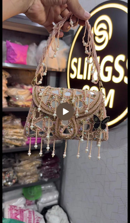 Slingss Luxury Range Hanging Beads Mirror Embroidered Partywear Handbag For Ladies With Handle