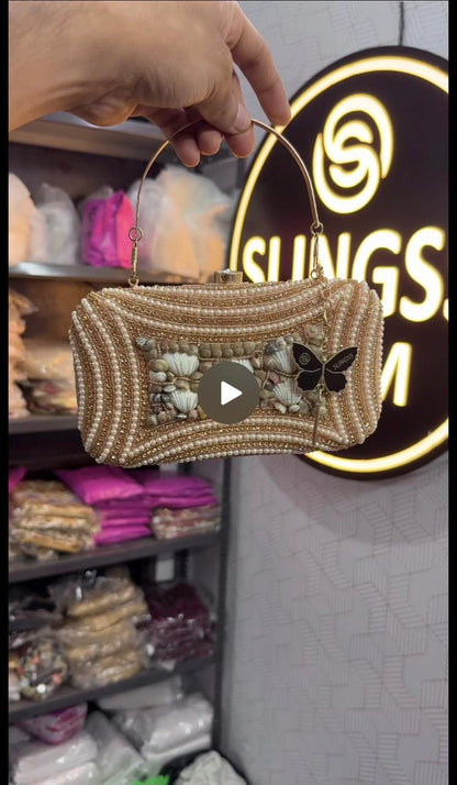Slingss Exclusive Premium Seap Embroidered Partywear Clutch For Ladies With Handle & Long Chain