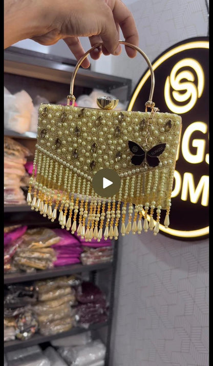 Slingss Luxury Range Hanging Beads Embroidered Partywear Handbag For Ladies With Handle & Long Chain