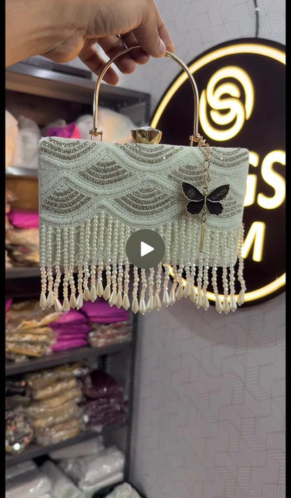 Slingss Luxury Range Hanging Beads Embroidered Partywear Handbag For Ladies With Handle & Long Chain