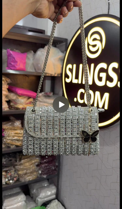 Slingss Luxury Range Exclusive Diamond Embroidered Partywear Handbag For Ladies With Long Chain