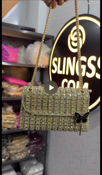 Slingss Luxury Range Exclusive Diamond Embroidered Partywear Handbag For Ladies With Long Chain