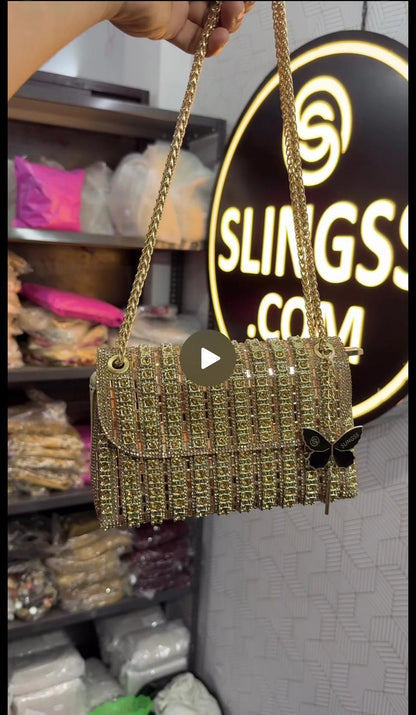 Slingss Luxury Range Exclusive Diamond Embroidered Partywear Handbag For Ladies With Long Chain