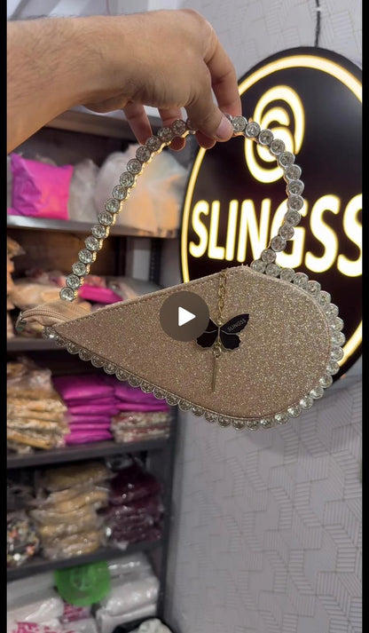 Slingss Exclusive Premium Heart Shape Partywear Glitter Embroidered Handbag For Ladies