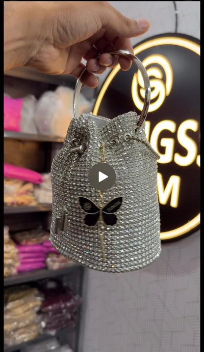 Slingss Exclusive Luxury Range Diamonds Embroidered Partywear Potli Bag For Ladies With Handle & Long Chain