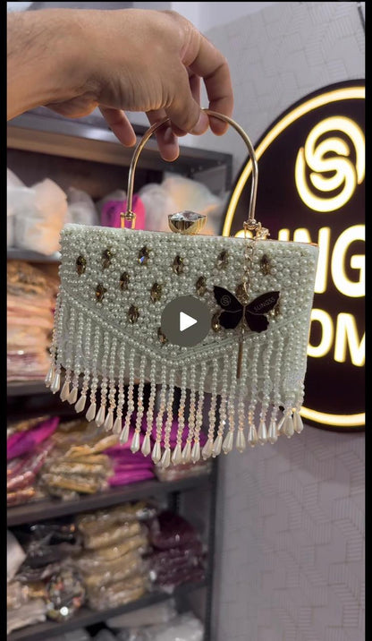 Slingss Luxury Range Hanging Beads Embroidered Partywear Handbag For Ladies With Handle & Long Chain