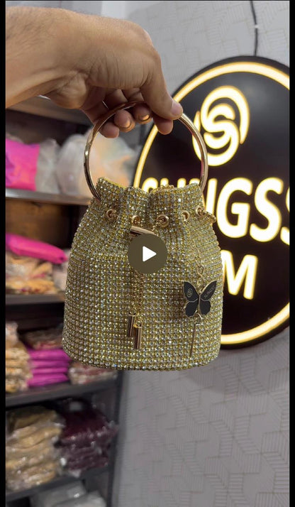 Slingss Exclusive Luxury Range Diamonds Embroidered Partywear Potli Bag For Ladies With Handle & Long Chain