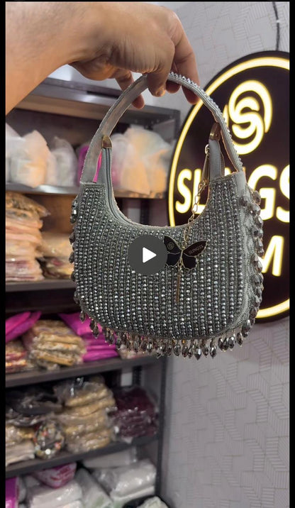Slingss Luxury Range Half Moon Crystal Jhallar Embroidered Partywear Purse For Ladies With Handle