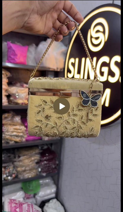 Slingss Luxury Range Boxy Embroidered Partywear Handbag For Ladies With Chain Handle And Belt