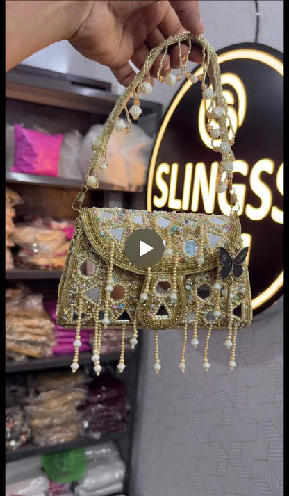 Slingss Luxury Range Hanging Beads Mirror Embroidered Partywear Handbag For Ladies With Handle