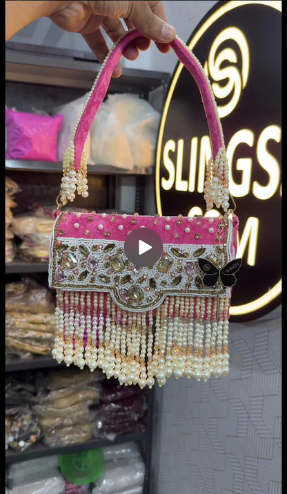 Slingss Luxury Range White Beads Hanging Diamond Embroidered Partywear Handbag For Ladies With Handle