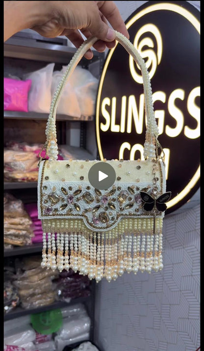 Slingss Luxury Range White Beads Hanging Diamond Embroidered Partywear Handbag For Ladies With Handle