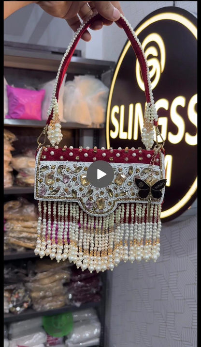 Slingss Luxury Range White Beads Hanging Diamond Embroidered Partywear Handbag For Ladies With Handle