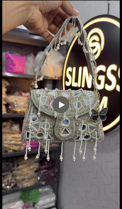 Slingss Luxury Range Hanging Beads Mirror Embroidered Partywear Handbag For Ladies With Handle