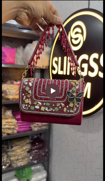 Slingss Luxury Range Exclusive Stones Embroidered Partywear Handbag For Ladies