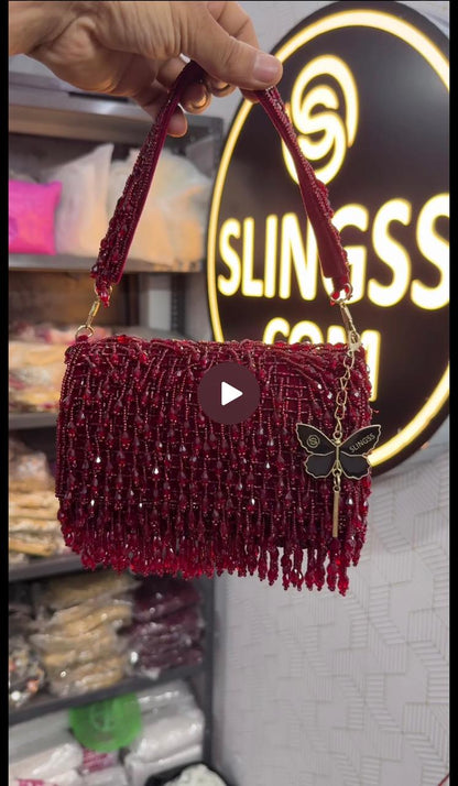 Slingss Luxury Range Crystal Full Jhallar Embroidered Partywear Purse For Ladies With Handle
