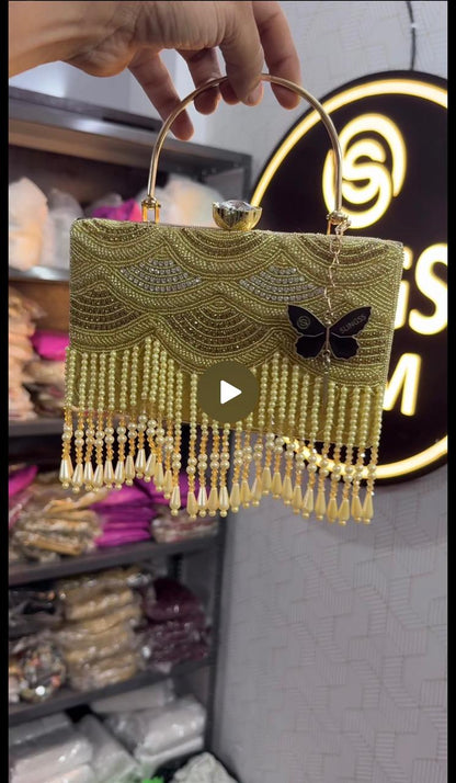 Slingss Luxury Range Hanging Beads Embroidered Partywear Handbag For Ladies With Handle & Long Chain