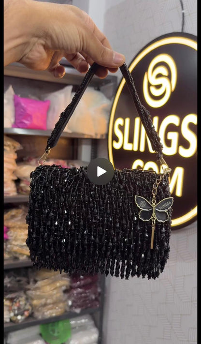 Slingss Luxury Range Crystal Full Jhallar Embroidered Partywear Purse For Ladies With Handle