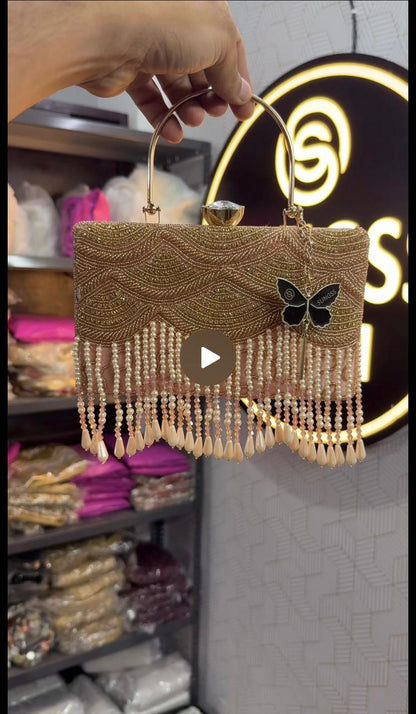 Slingss Luxury Range Hanging Beads Embroidered Partywear Handbag For Ladies With Handle & Long Chain