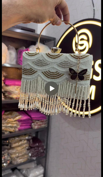 Slingss Luxury Range Hanging Beads Embroidered Partywear Handbag For Ladies With Handle & Long Chain