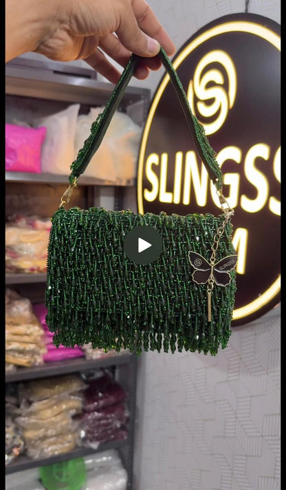 Slingss Luxury Range Crystal Full Jhallar Embroidered Partywear Purse For Ladies With Handle